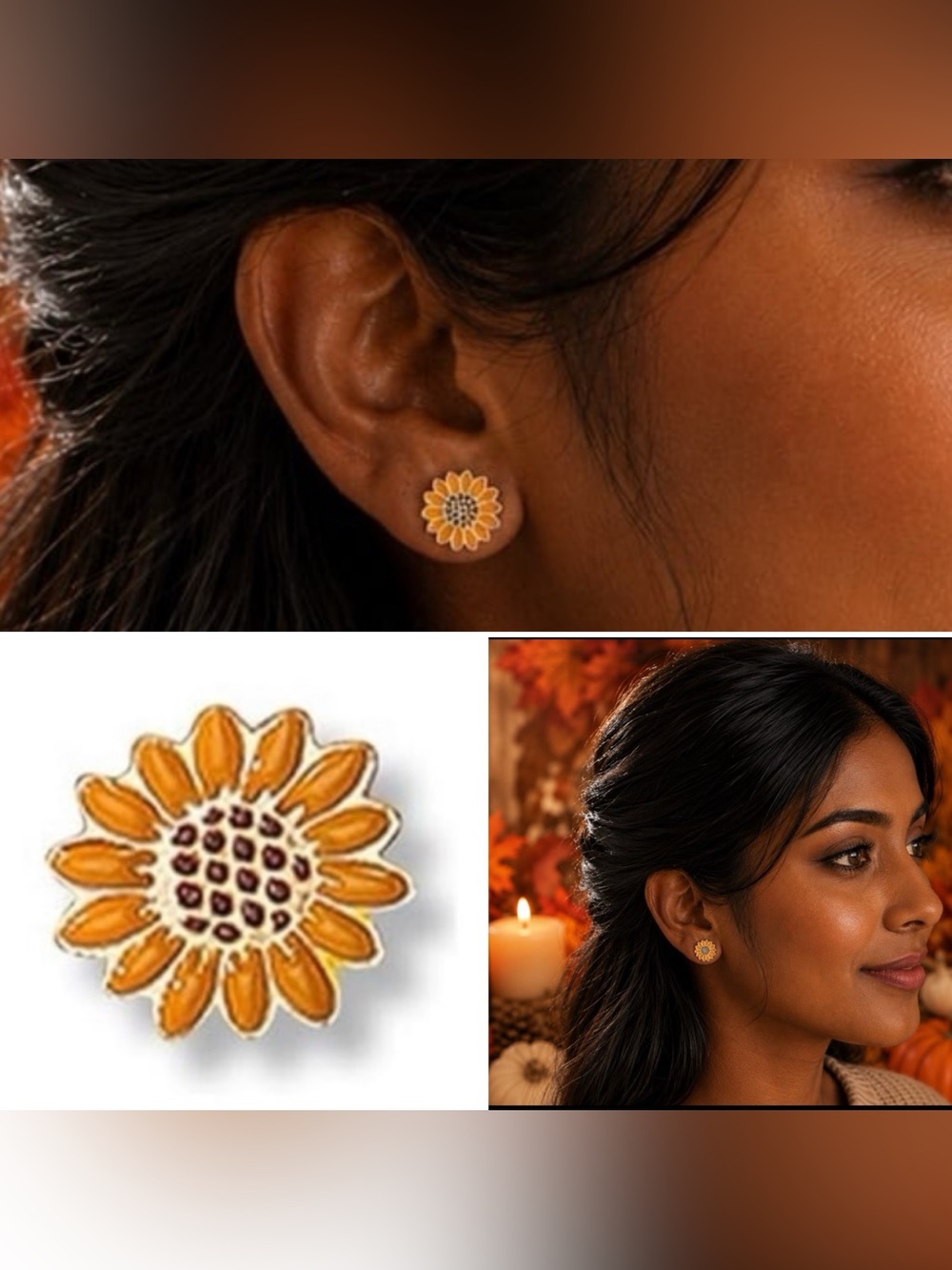 3/$15 Fall Earrings Sunflower Golden Metal and Enamel Thanksgiving Earrings